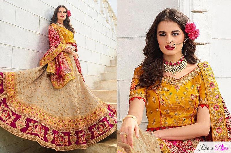 Bewitching Beige & Mustard Zari Embroidered Lehenga Choli in Silk