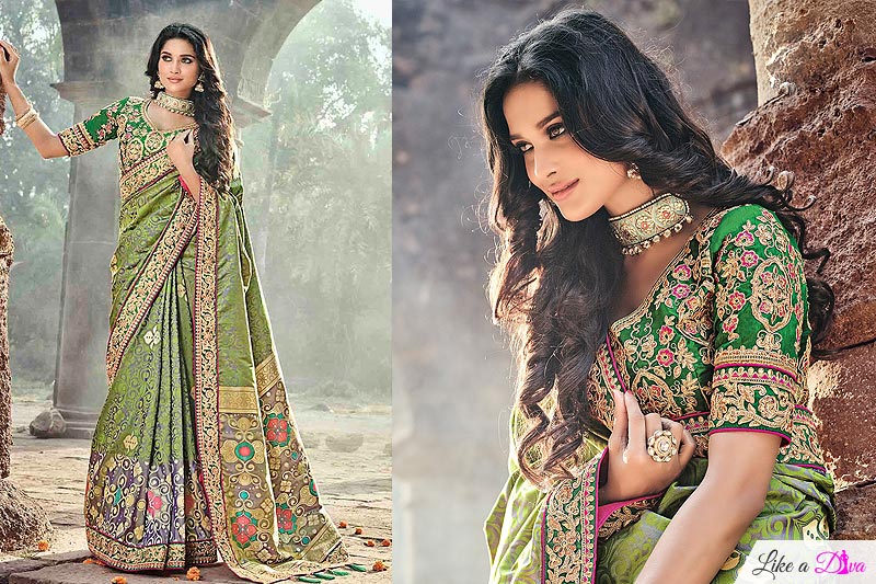Green Banarasi Silk Saree with Embroidered Blouse