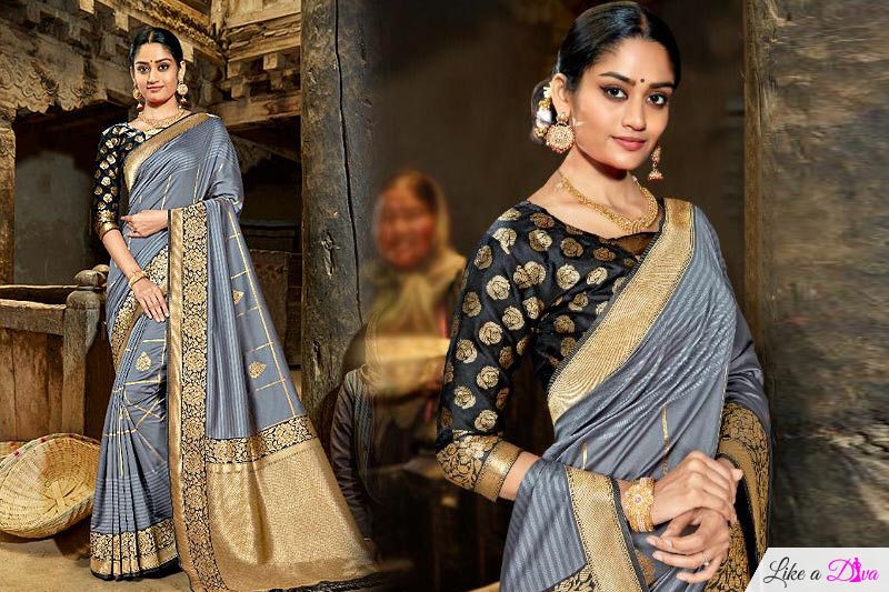 Grey Banarasi Silk Saree