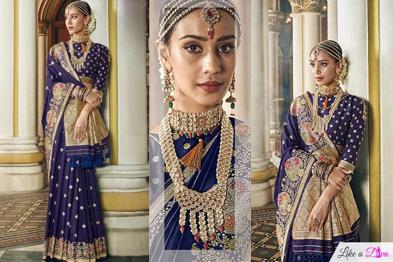 Designer Navy Blue Banarasi Silk Saree